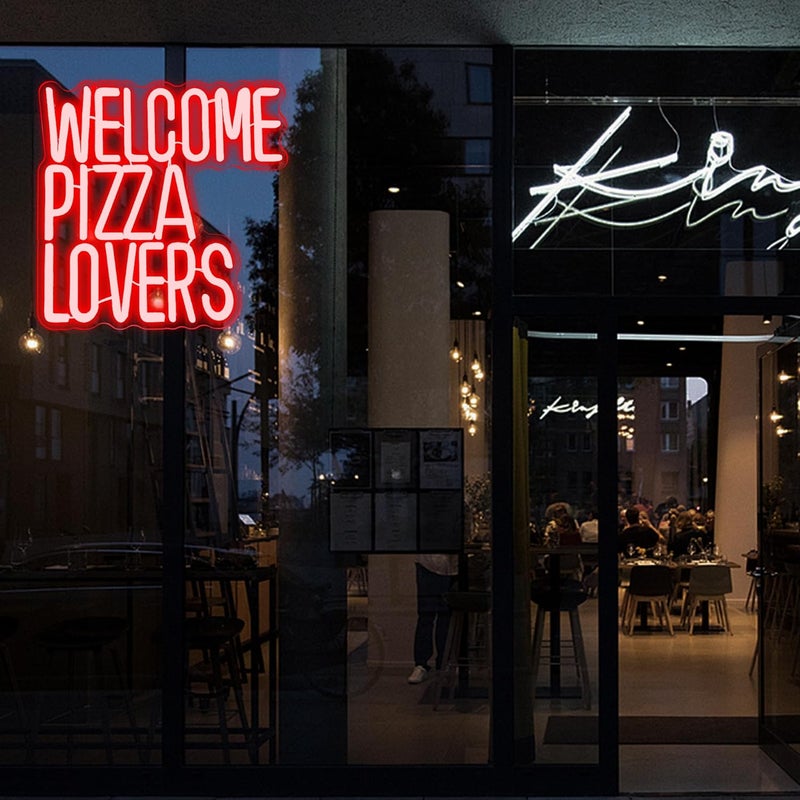 Manimo Welcome Pizza Lovers Neon Light, Red Dimmable LED Personalized Pizza Lovers Neon Sign, Family Restaurant Entertainment Room Food Theme Party Wall Neon Sign Decor Holiday Gift For Pizza Lovers, Children, Family (12.9*12.5in) - Image 4
